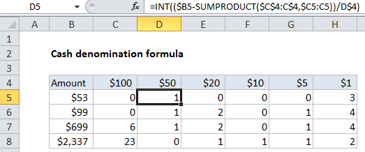 Cash denomination calculator in Excel