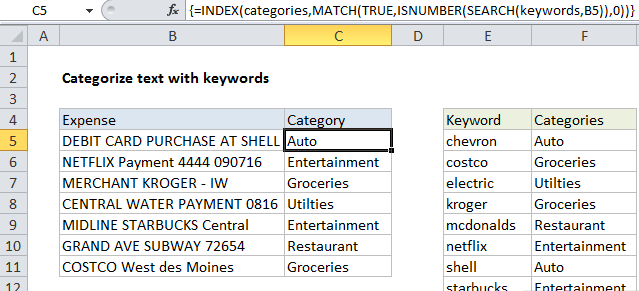 Categorize text with keywords in Excel