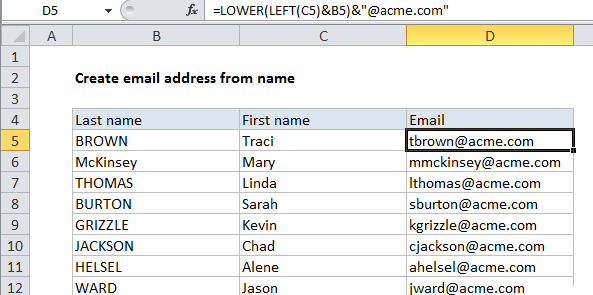How to create email address from name in Excel