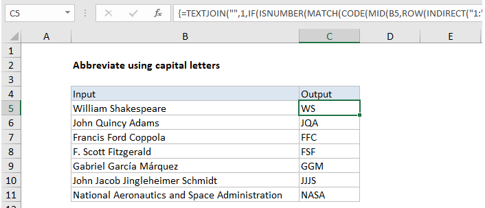 How to abbreviate names or words in Excel