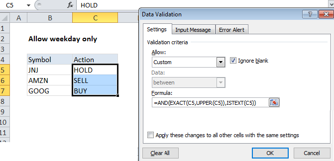 Excel Data validation allow uppercase only