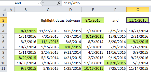 Highlight dates between in Excel