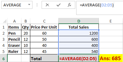 Excel Average Function Worked Example