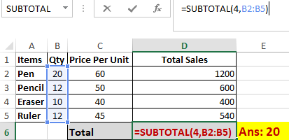 Excel Subtotal Function Maximum Worked Example
