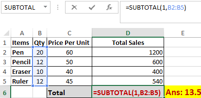 Excel Subtotal Function Worked Example