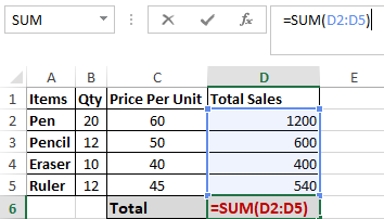 Excel Sum Function Worked Example
